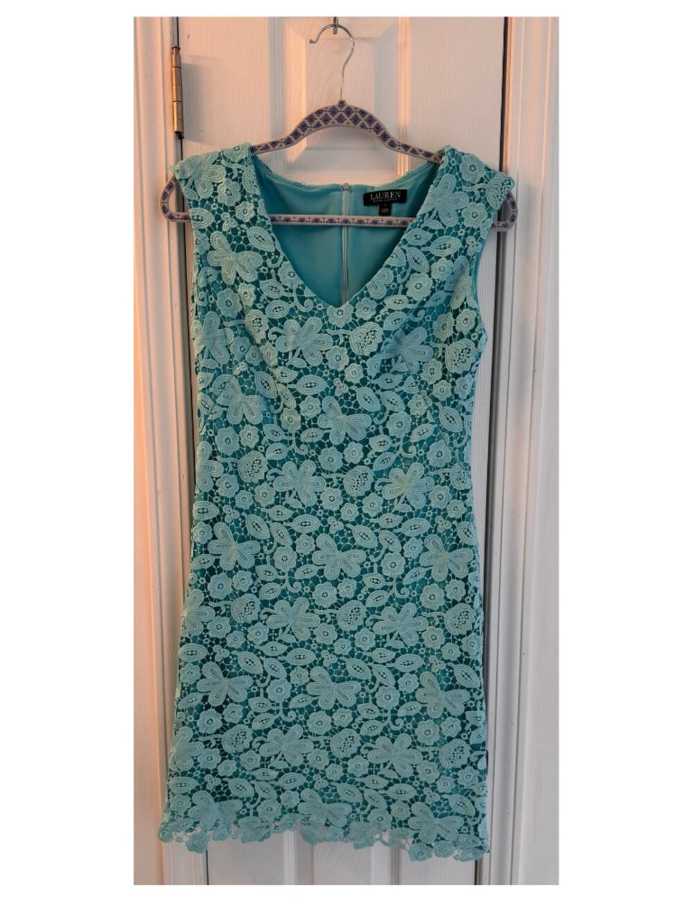 Lauren Ralph Lauren Teal Lace Sheath Dress Size 4 Sleeveless V Neck Career